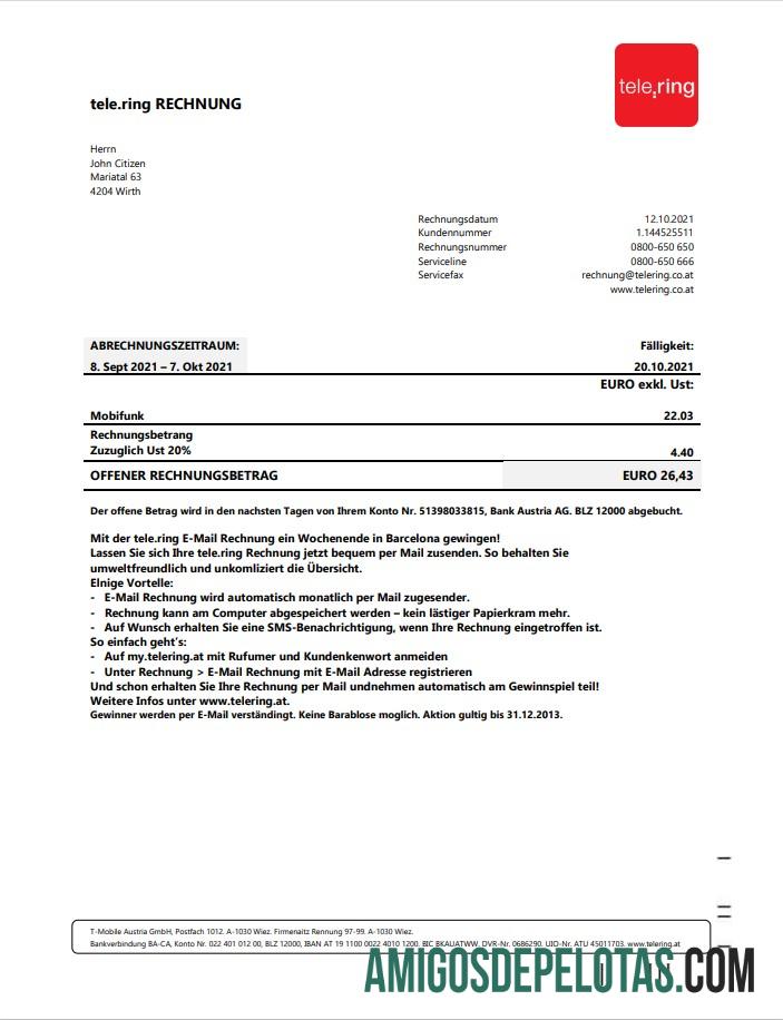 Para baixar modelo de fatura de serviços públicos da Suécia Tele Ring em formato Word e PDF